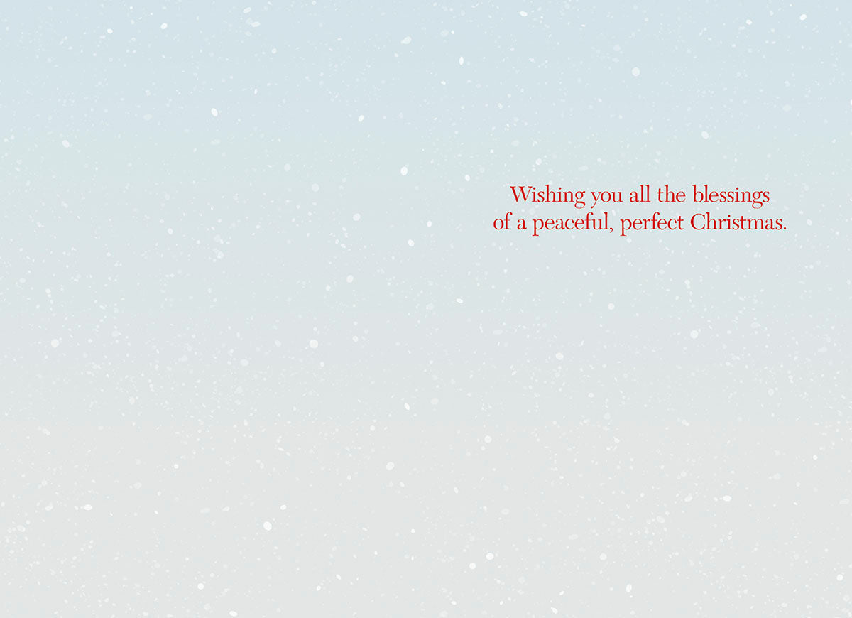 Inside view of a greeting card with a soft, snowy white and blue gradient background, featuring heartfelt red text that reads: 'Wishing you all the blessings of a peaceful, perfect Christmas.'