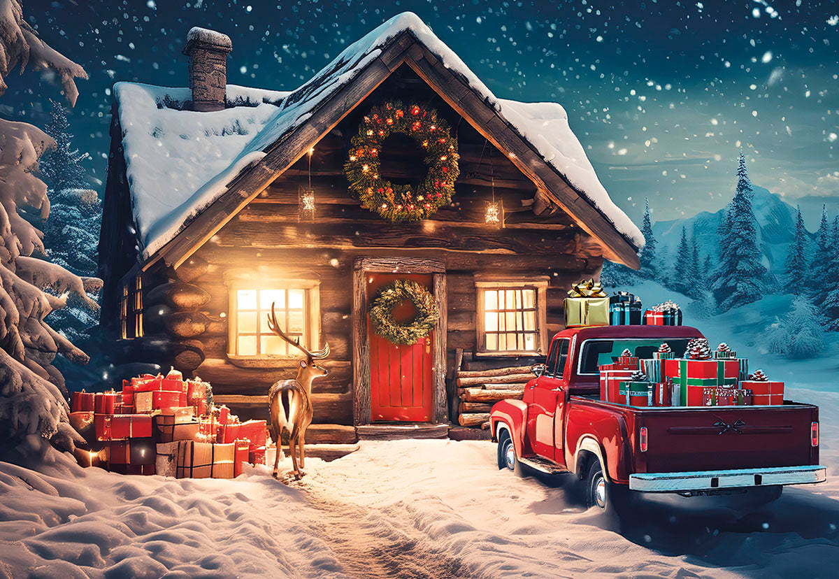 Festive winter scene greeting card featuring a snow-covered log cabin, wreath, deer, and a vintage red truck loaded with presents, under a snowy night sky. Ideal for holiday season wishes.