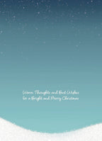 Inside of a serene blue-to-white gradient greeting card with falling snow, featuring the heartfelt message: 'Warm Thoughts and Best Wishes for a Bright and Merry Christmas.'