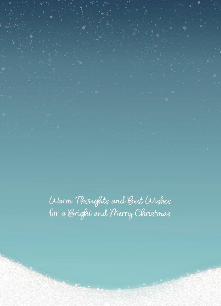 Inside of a serene blue-to-white gradient greeting card with falling snow, featuring the heartfelt message: 'Warm Thoughts and Best Wishes for a Bright and Merry Christmas.'