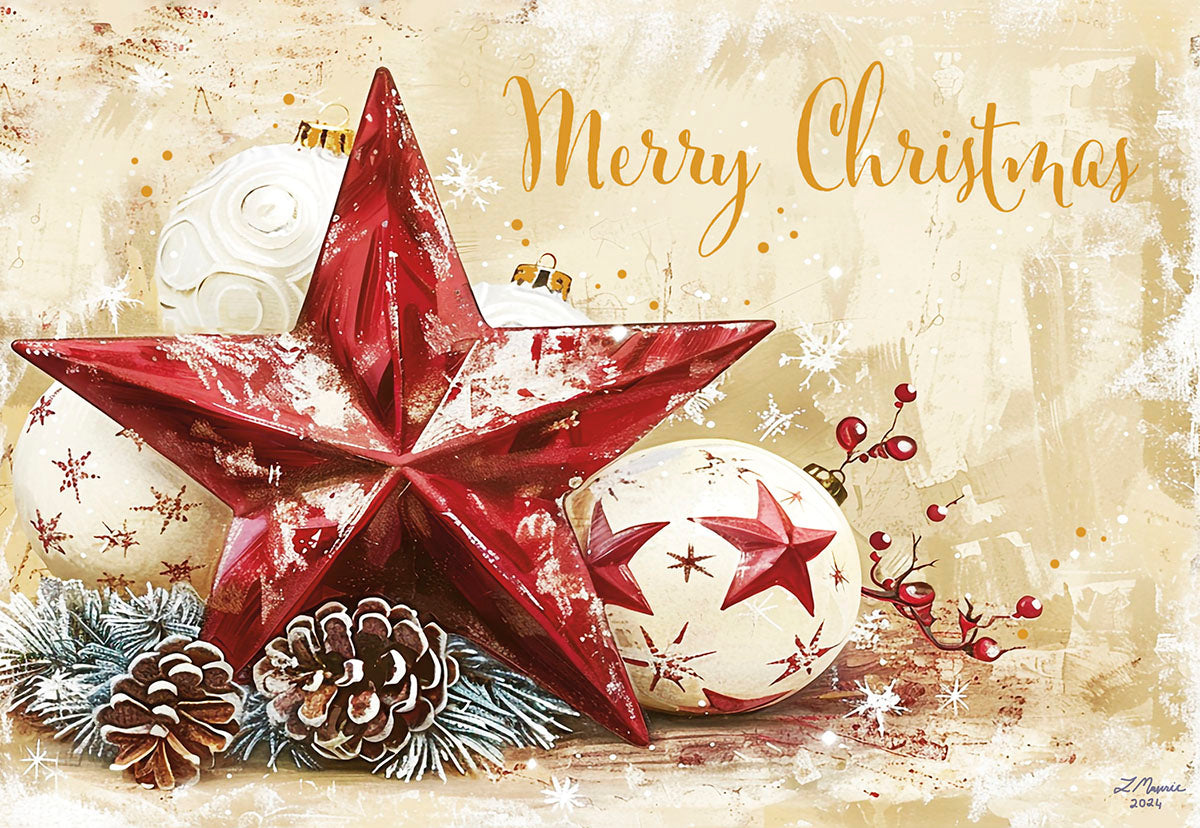 Festive greeting card front featuring a large rustic red star ornament, white patterned baubles, pinecones, and evergreen sprigs on a distressed gold background with 'Merry Christmas' in elegant script. Ideal for holiday greetings.