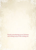 Interior of a warm-toned greeting card with a simple, heartfelt message 'Warmly remembering you at Christmas and wishing you joy in the coming year.' against a textured cream background. Perfect for sending holiday cheer.