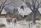 SEO optimized alt description: A traditional winter holiday scene depicting a person on horseback leading another horse along a snowy path towards a rustic cabin. The cabin has a warm light glowing from a window and smoke rising from the chimney. A windmill is visible in the distance, evoking a serene and cozy rural Christmas atmosphere.