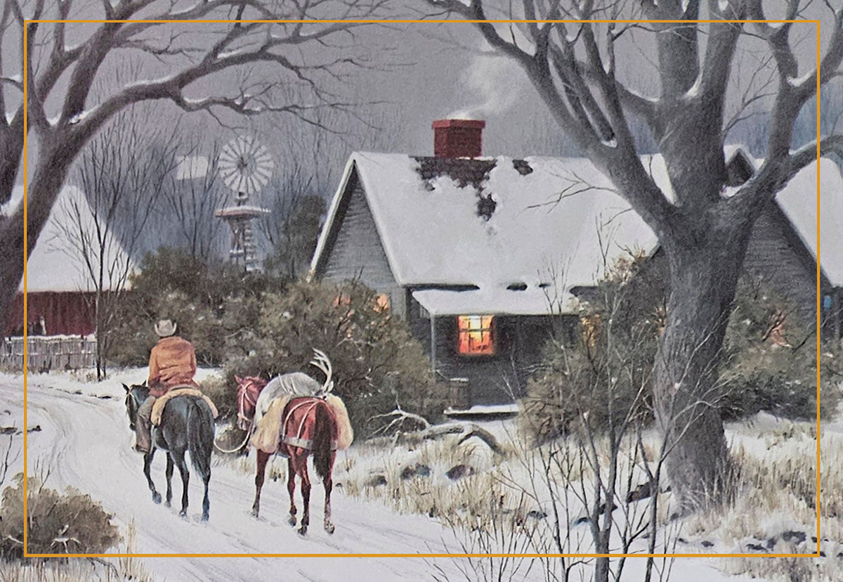 SEO optimized alt description: A traditional winter holiday scene depicting a person on horseback leading another horse along a snowy path towards a rustic cabin. The cabin has a warm light glowing from a window and smoke rising from the chimney. A windmill is visible in the distance, evoking a serene and cozy rural Christmas atmosphere.