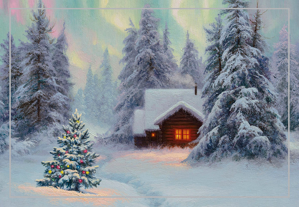 SEO-optimized Christmas greeting card showing a peaceful, snow-covered log cabin with warm glowing windows, surrounded by frosted evergreen trees, and a brightly decorated Christmas tree in the foreground under a subtle aurora borealis sky. Ideal for heartfelt holiday wishes.