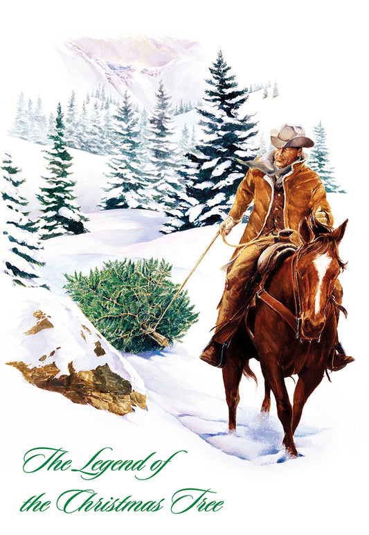Cowboy On Horse Dragging Tree In Snow Christmas Card Single