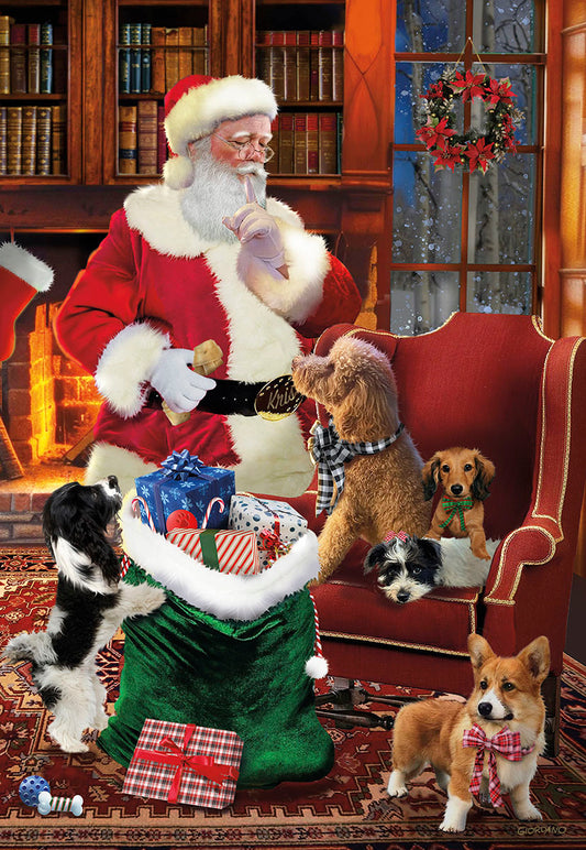 Santa Shushing Many Dogs Inside Home Christmas Card Single