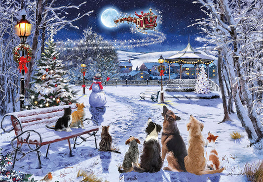 Dogs & Cats In Park Watching Santa Christmas Card Single