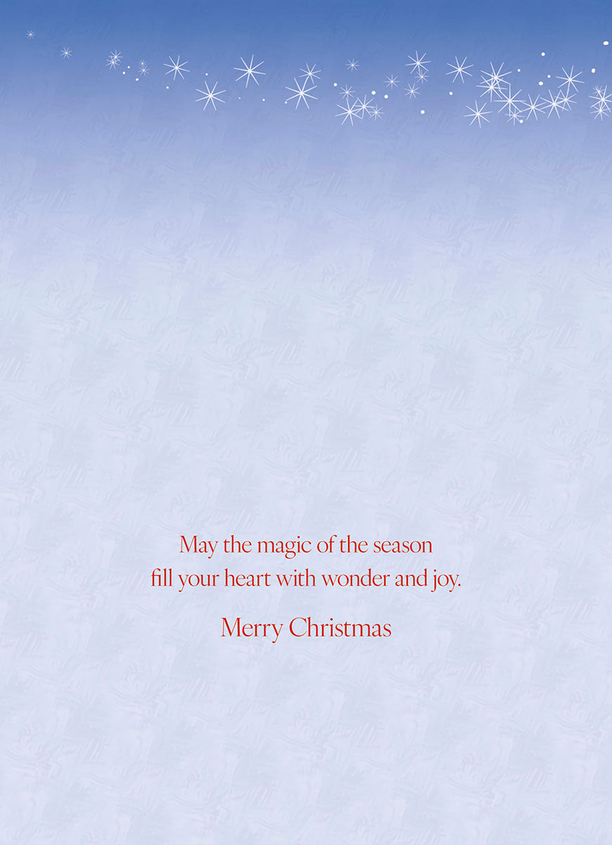 Inside of a holiday greeting card featuring a light blue background with festive snowflakes and a heartfelt message: 'May the magic of the season fill your heart with wonder and joy. Merry Christmas.'