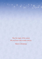 Inside of a holiday greeting card featuring a light blue background with festive snowflakes and a heartfelt message: 'May the magic of the season fill your heart with wonder and joy. Merry Christmas.'