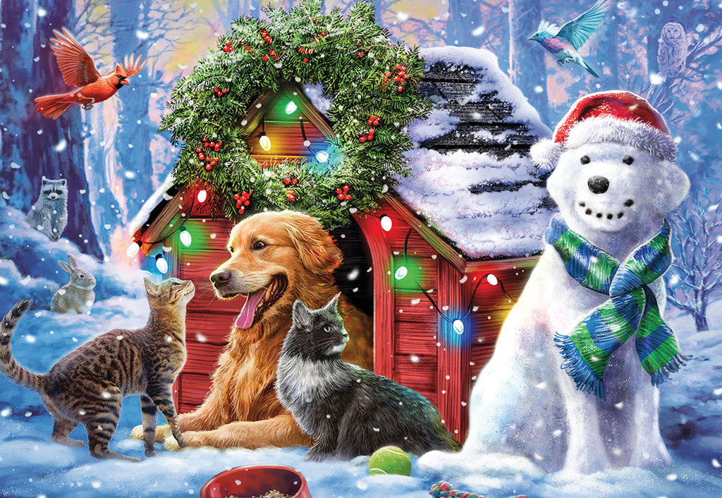 Front of a festive holiday greeting card featuring a golden retriever, two cats, and a friendly snowman by a dog house decorated with a wreath and colorful lights in a snowy winter forest, with birds and other animals.
