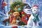 Front of a festive holiday greeting card featuring a golden retriever, two cats, and a friendly snowman by a dog house decorated with a wreath and colorful lights in a snowy winter forest, with birds and other animals.