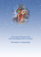 Inside of a holiday greeting card with a faded image of pets and a snowman in a snowy scene, featuring the message: 'Tis the season for friends and fun and for spreading good cheer to everyone! Best Wishes for a Happy Holiday.