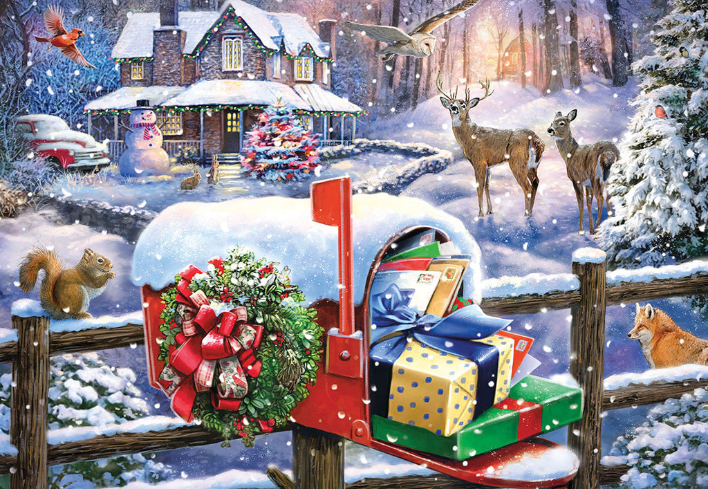 A beautifully illustrated winter wonderland greeting card featuring a snow-covered cottage, cheerful snowman, majestic deer, playful fox, and a squirrel in a festive snowy landscape. A vibrant red mailbox, adorned with a wreath and overflowing with wrapped holiday gifts and cards, stands prominently in the foreground, all under a gently falling snow. Perfect for sending warm season's greetings.