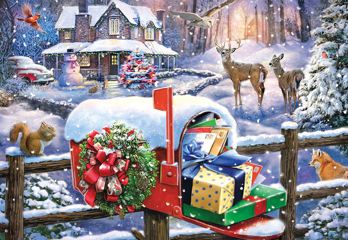 A beautifully illustrated winter wonderland greeting card featuring a snow-covered cottage, cheerful snowman, majestic deer, playful fox, and a squirrel in a festive snowy landscape. A vibrant red mailbox, adorned with a wreath and overflowing with wrapped holiday gifts and cards, stands prominently in the foreground, all under a gently falling snow. Perfect for sending warm season's greetings.