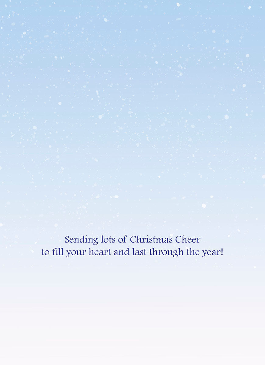 The inside of a heartwarming holiday greeting card featuring a light blue, subtly speckled background resembling falling snow, with the elegant message 'Sending lots of Christmas Cheer to fill your heart and last through the year!' centered on the page, ready to convey festive wishes.