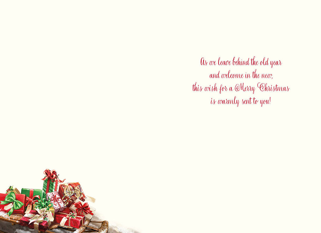 Inside of a heartwarming Christmas card displaying the message 'As we leave behind the old year and welcome in the new, this wish for a Merry Christmas is warmly sent to you!' with festive gift illustrations.