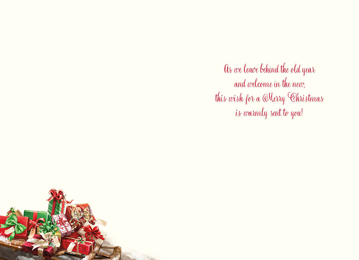 Inside of a heartwarming Christmas card displaying the message 'As we leave behind the old year and welcome in the new, this wish for a Merry Christmas is warmly sent to you!' with festive gift illustrations.
