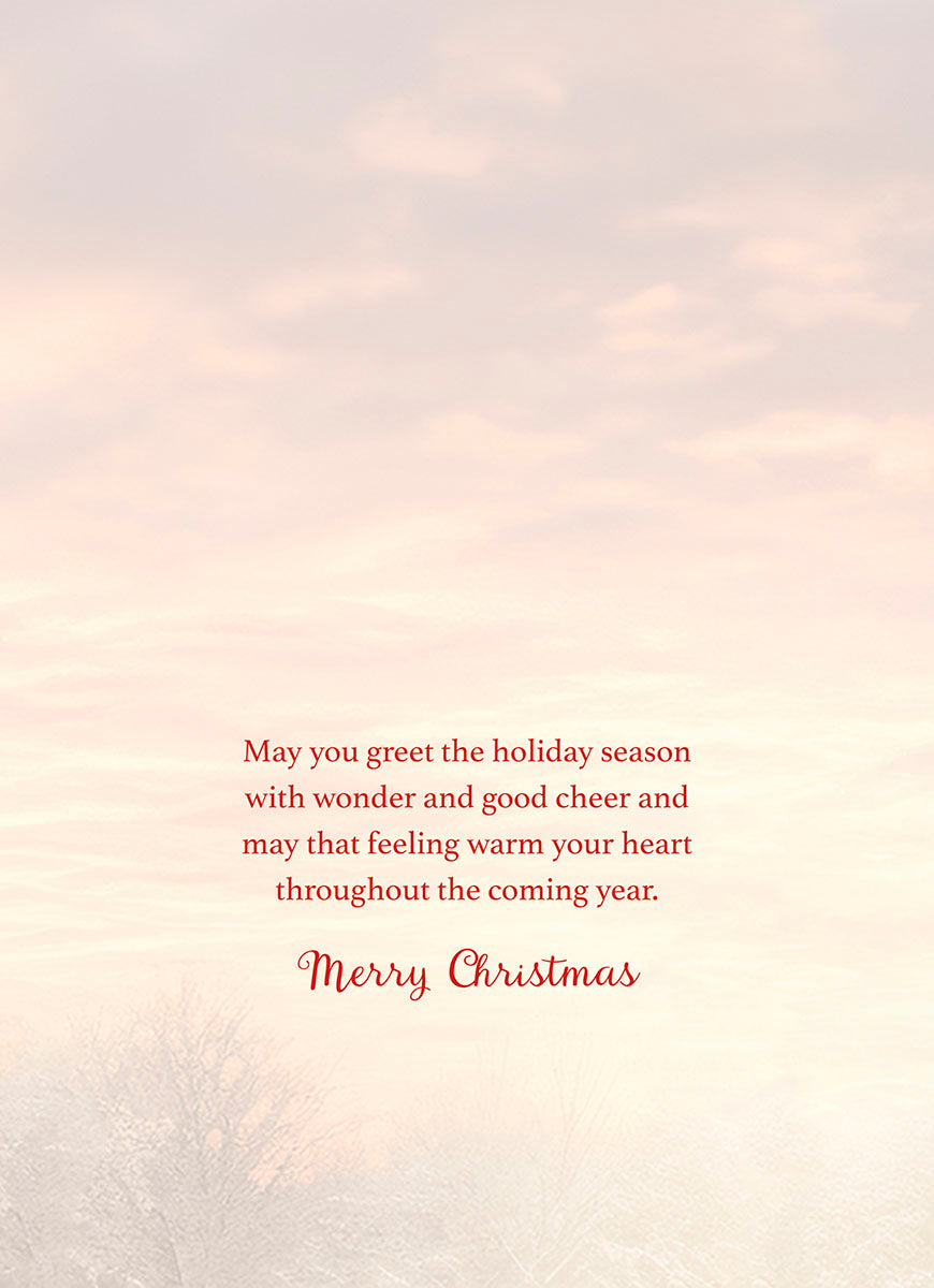 Inside of a holiday greeting card with a heartfelt message wishing wonder, good cheer, and warmth for the coming year, against a soft sky background.