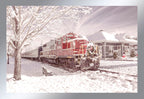 Scenic view of a vintage red and black train with a festive wreath on its front, parked at a snowy station platform under a bright winter sky, surrounded by snow-covered trees and a charming station building. Perfect for holiday greetings.