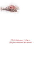 Inside view of a white greeting card featuring a faded image of a festive train at the top, with elegant red script text reading: 'Another holiday season is rolling in... Hope yours is the merriest that's ever been!'
