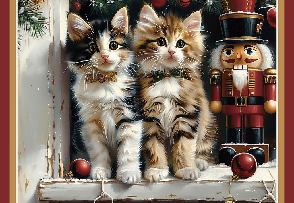 Two adorable kittens, one calico and one tabby, wearing bow ties and sitting on a snow-dusted windowsill next to a festive nutcracker and red ornaments, evoking cozy holiday cheer.