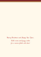 Inside of a greeting card with elegant red script reading 'Merry Christmas and Happy New Year... With warm and fuzzy wishes for a season filled with cheer!' on a cream background.