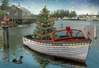 Scenic Christmas greeting card featuring a festive boat named 'Vitamin Sea' adorned with a decorated Christmas tree and string lights in a snowy coastal harbor with a dock, boathouse, and a loon.