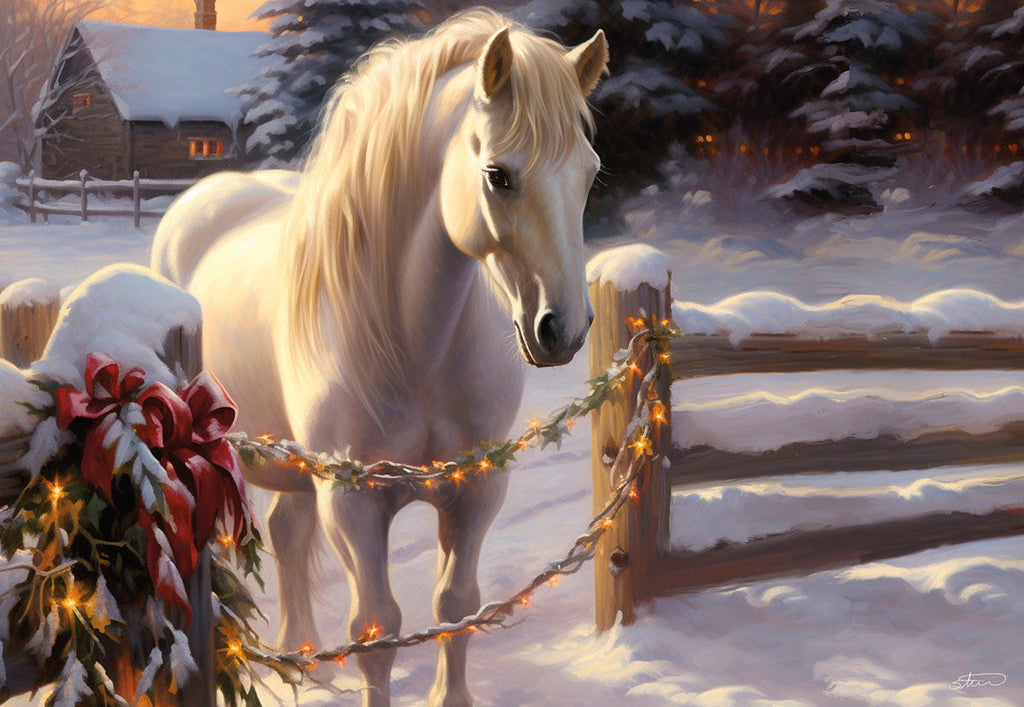 Majestic white horse standing by a snow-covered wooden fence adorned with twinkling fairy lights and a red bow, with a cozy log cabin nestled in a wintry forest background, evoking serene holiday spirit.