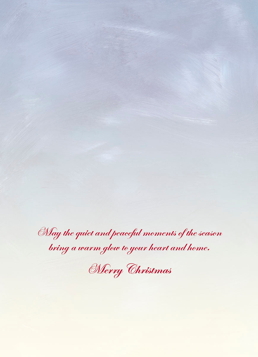 Interior of a greeting card with elegant red script on a soft blue and white gradient background, reading: 'May the quiet and peaceful moments of the season bring a warm glow to your heart and home. Merry Christmas.'