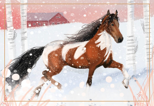 Brown & White Horse Trotting In Snow Christmas Card Single