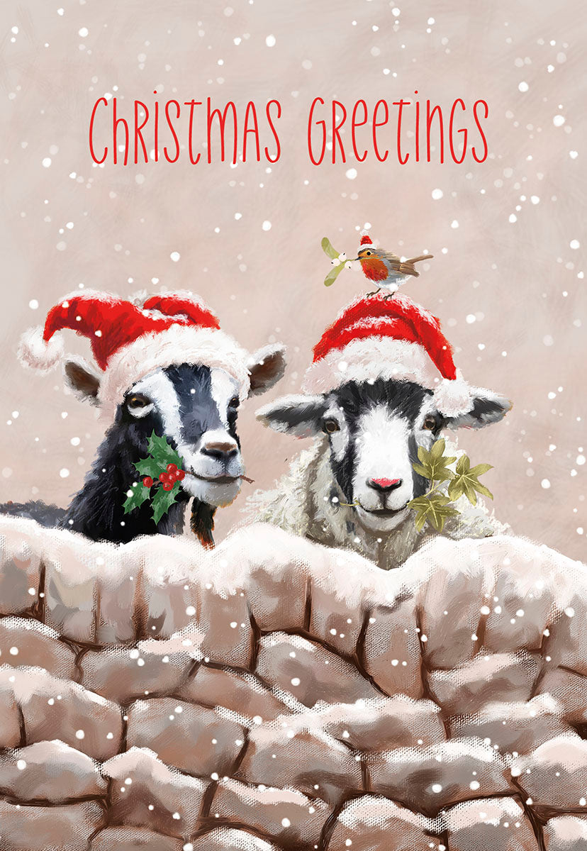 Cute sheep in Santa hats and a robin with mistletoe on a snowy wall, perfect for festive holiday wishes.