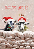Cute sheep in Santa hats and a robin with mistletoe on a snowy wall, perfect for festive holiday wishes.