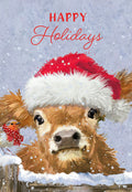 Adorable calf wearing a festive red Santa hat with a fluffy white trim, peeking over a snow-covered wooden fence, next to a small robin bird in a red scarf, with falling snowflakes on a light blue background. Happy Holidays text prominently displayed.