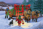 Front of a festive greeting card depicting a snowy winter scene with a family (father and two children) hauling a freshly cut fir tree on a decorated horse-drawn sleigh, accompanied by a dog, with a cozy cabin in the background.