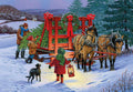 Front of a festive greeting card depicting a snowy winter scene with a family (father and two children) hauling a freshly cut fir tree on a decorated horse-drawn sleigh, accompanied by a dog, with a cozy cabin in the background.