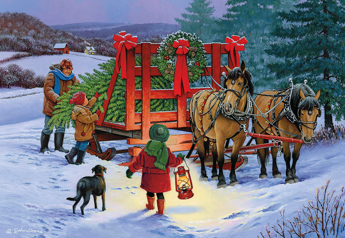 Front of a festive greeting card depicting a snowy winter scene with a family (father and two children) hauling a freshly cut fir tree on a decorated horse-drawn sleigh, accompanied by a dog, with a cozy cabin in the background.