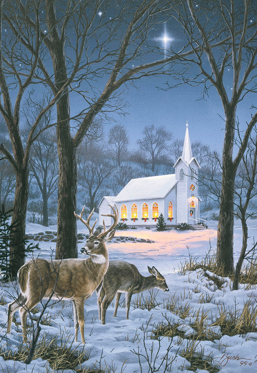 Scenic winter church greeting card with two deer in snowy forest under a bright guiding star, perfect for heartfelt season's greetings and religious holiday messages.