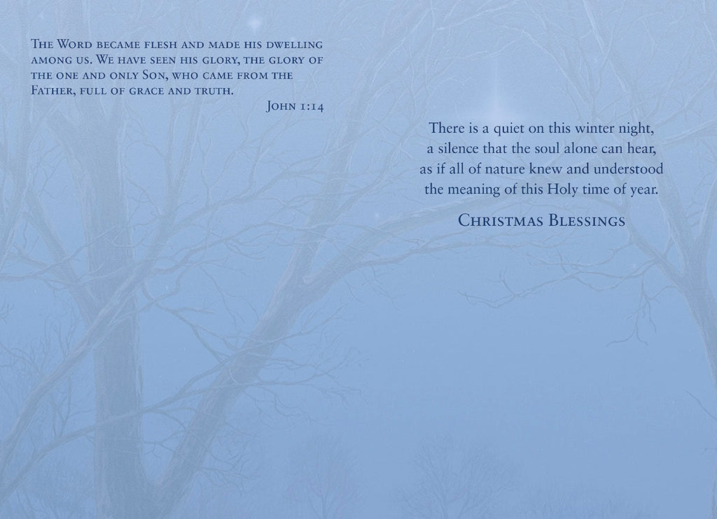 Inside of religious greeting card featuring John 1:14 scripture and 'Christmas Blessings' message on a serene blue backdrop, ideal for spiritual well wishes.
