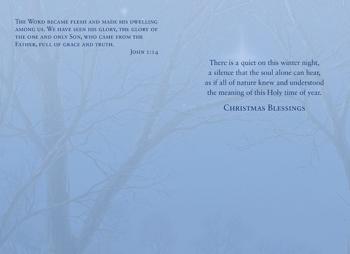 Inside of religious greeting card featuring John 1:14 scripture and 'Christmas Blessings' message on a serene blue backdrop, ideal for spiritual well wishes.