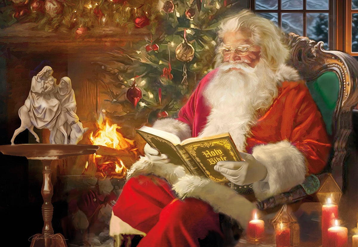 Traditional Santa Claus with white beard and red suit, wearing glasses and reading a Holy Bible by a fireplace with a lit Christmas tree and nativity scene nearby, evoking a warm, religious holiday spirit.