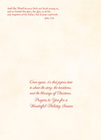 Interior of a religious holiday greeting card featuring the Bible verse John 1:14 at the top and a heartfelt message below: 'Once again, it's that joyous time to share the story, the traditions, and the blessings of Christmas. Prayers to You for a Wonderful Holiday Season.'