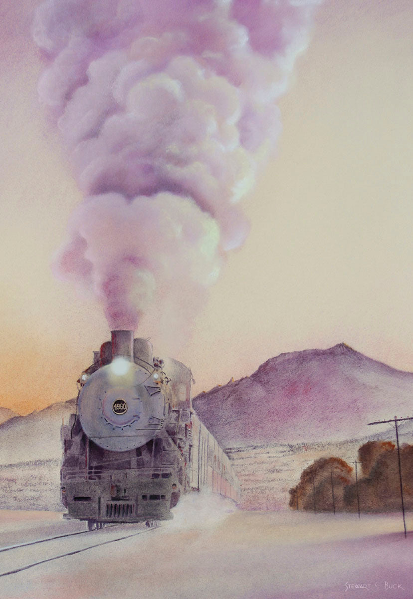 Vintage steam locomotive with purple smoke against a snowy mountain backdrop at sunset, evoking a magical holiday journey.