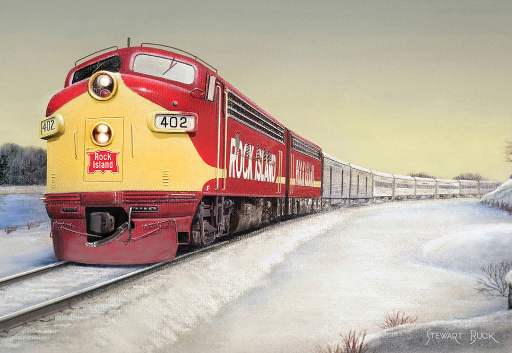 Vintage Rock Island Line Peoria Rocket train 402, a red and yellow locomotive, travels through a snowy winter landscape on railway tracks, symbolizing festive holiday journeys and American rail history.