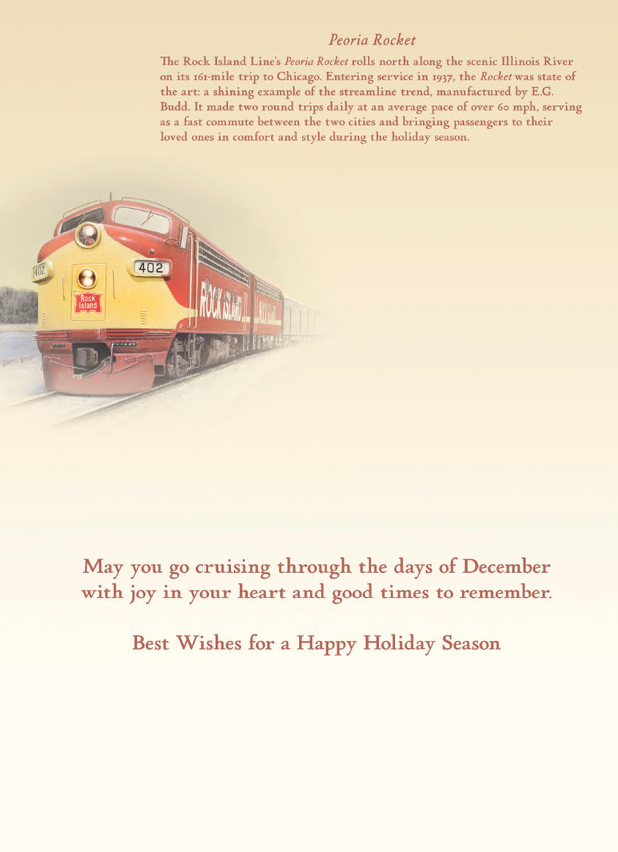 Inside view of a holiday greeting card featuring a historical description of the Peoria Rocket train's journey and a heartfelt festive message: 'May you go cruising through the days of December with joy in your heart and good times to remember. Best Wishes for a Happy Holiday Season.'