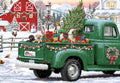 Festive green vintage truck filled with three adorable puppies, a decorated pine tree, and wrapped gifts, parked in a snowy farmyard with a red barn, snowman, and chickens. Ideal holiday greeting card for winter celebrations and animal lovers.