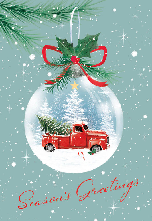 Red Pickup Truck In Ornament Christmas Card Single