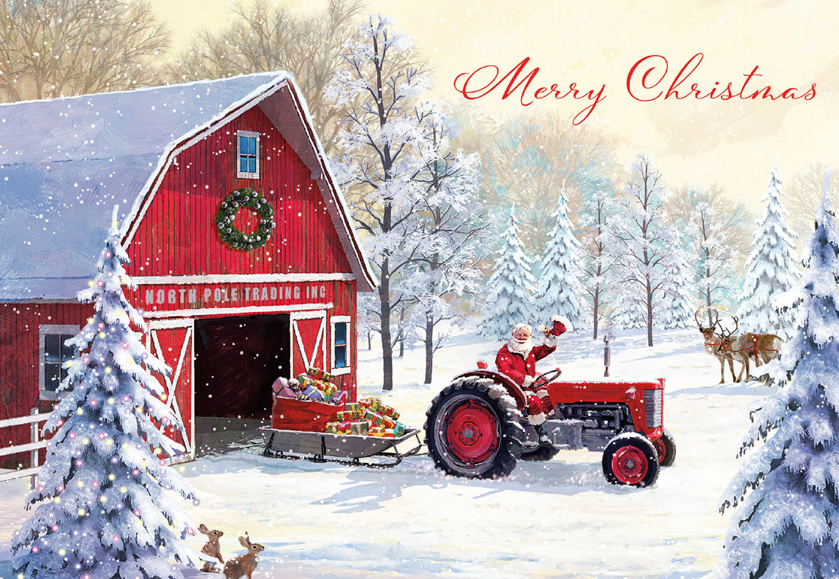 Santa Claus drives a red tractor pulling a sleigh with gifts in a snowy winter scene featuring a classic red barn, evergreen trees, and deer, perfect for holiday greetings.