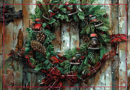 Wreath Decorated w/ Small Red Trucks Christmas Card Single