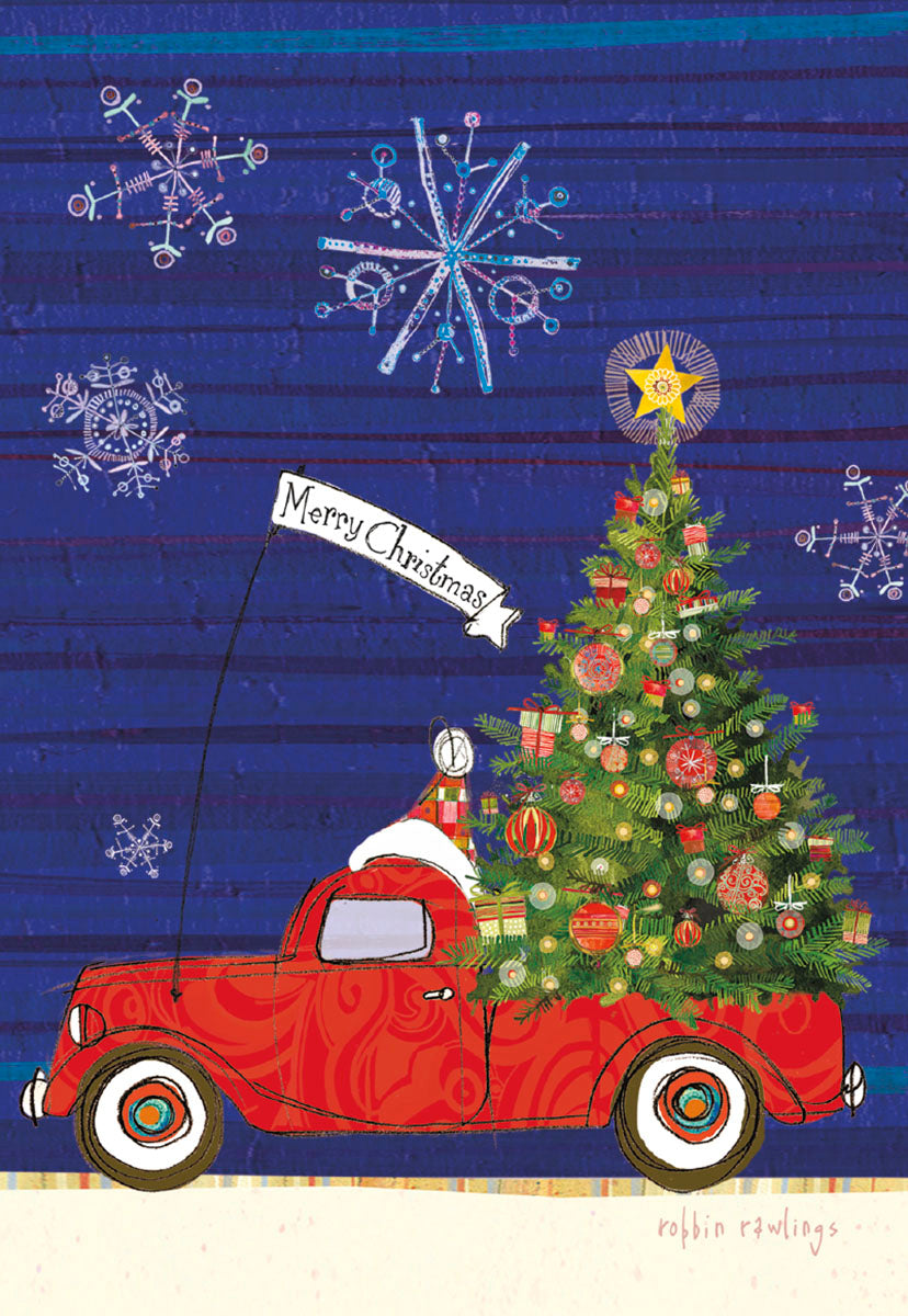 Red Truck With Christmas Tree In Back Christmas Card Single